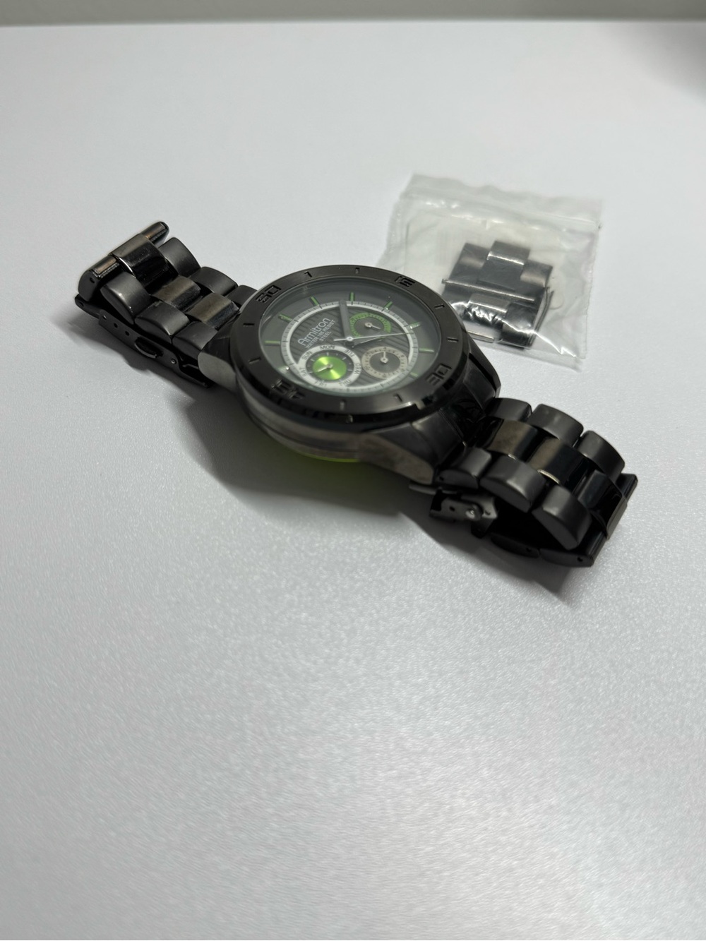 Men's Black Stainless Steel Chronograph Watch with Green Accents
